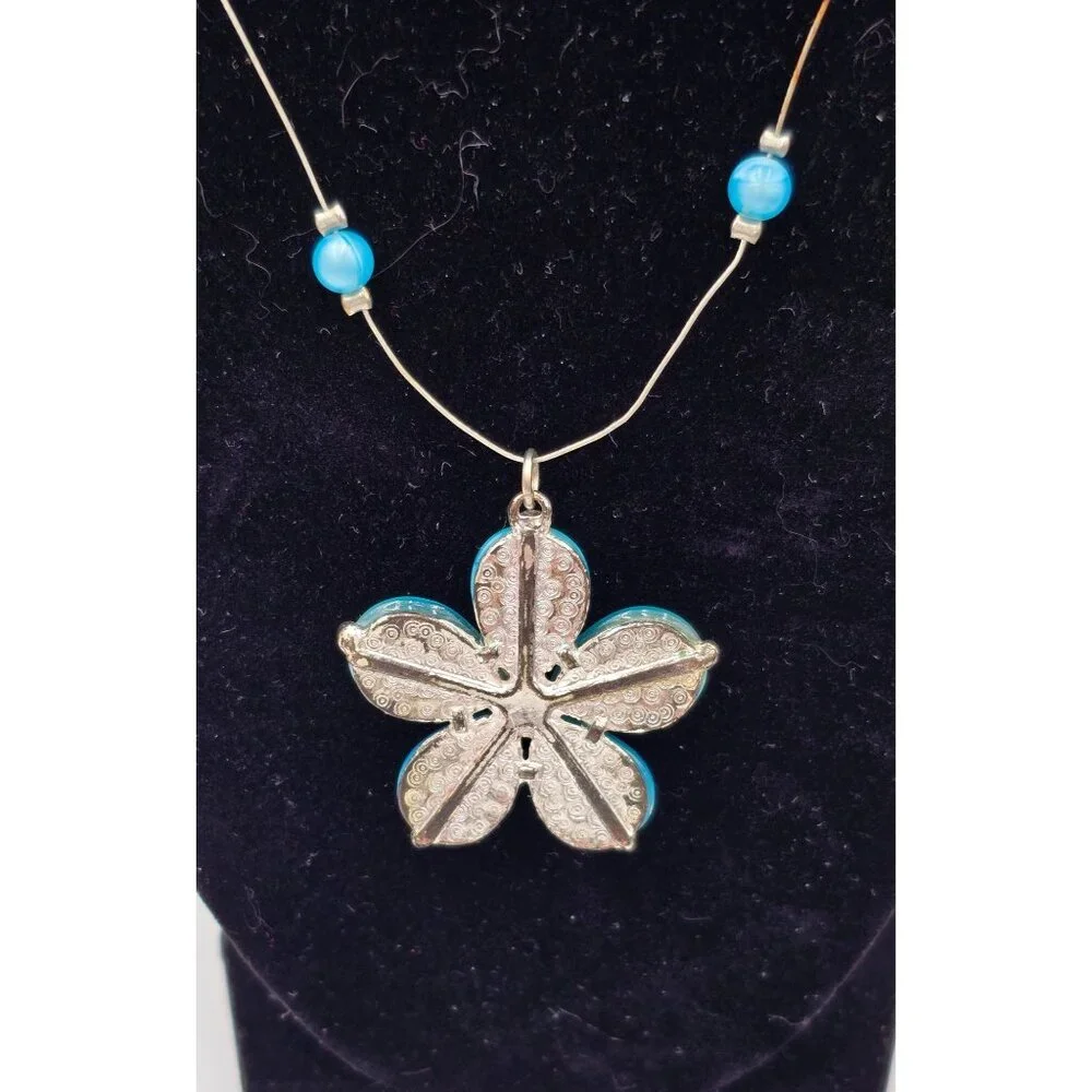 Silvertone Wire Necklace Blue Cats Eye Glass Resin Flower Pendant Jewelry - Picture 3 of 6